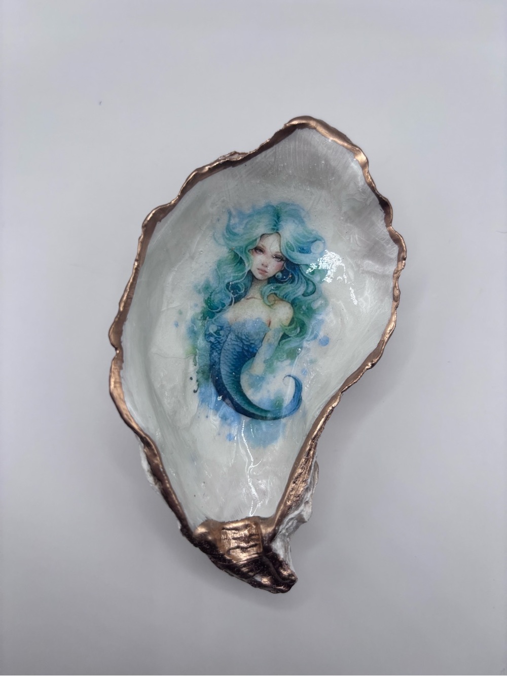 Mermaid Art Oyster Shell Dish in Aqua Blue and Teal
